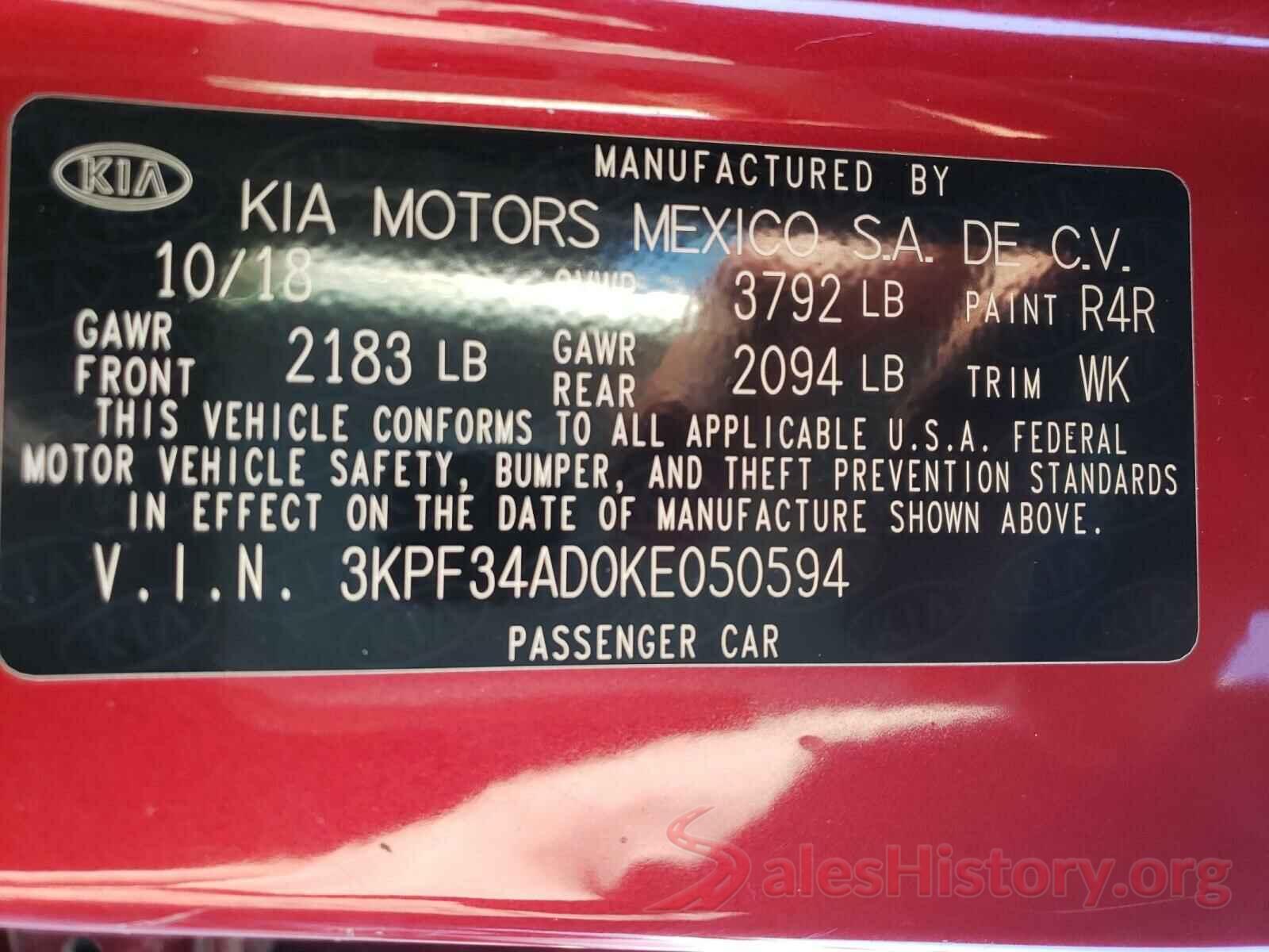 3KPF34AD0KE050594 2019 KIA FORTE