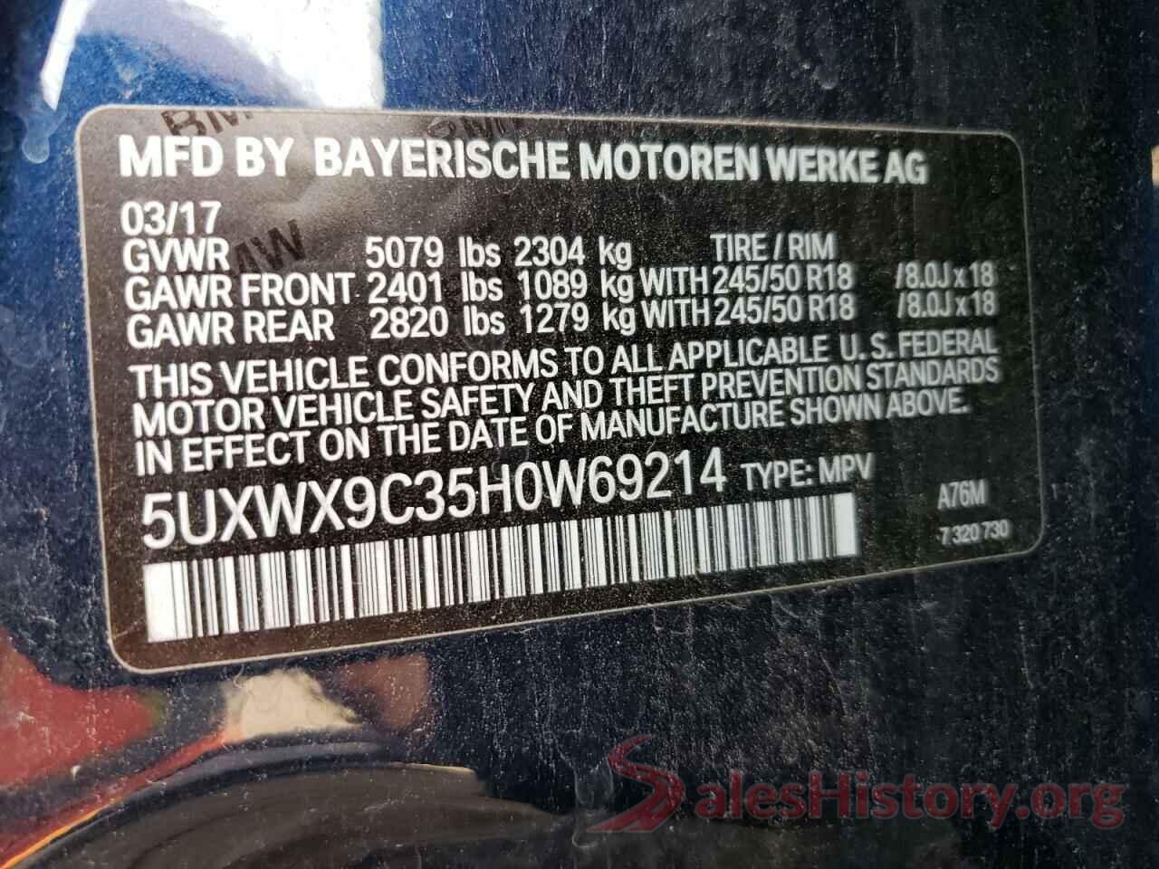 5UXWX9C35H0W69214 2017 BMW X3