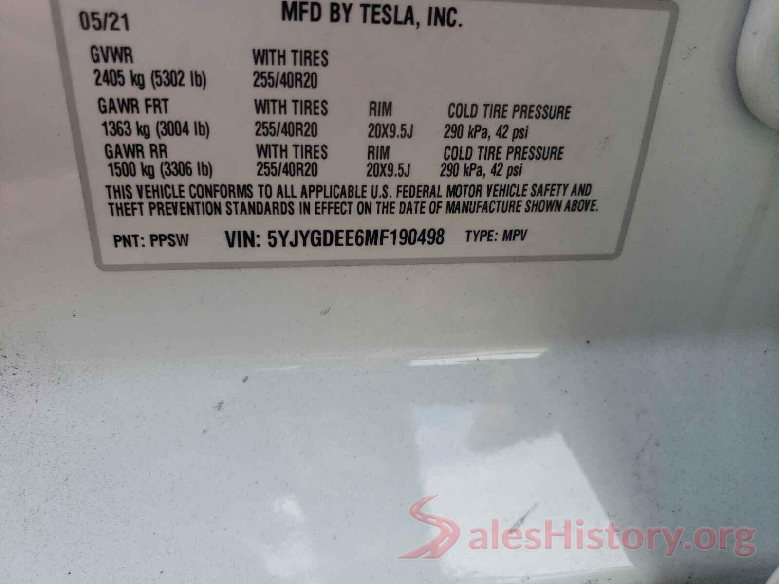 5YJYGDEE6MF190498 2021 TESLA MODEL Y