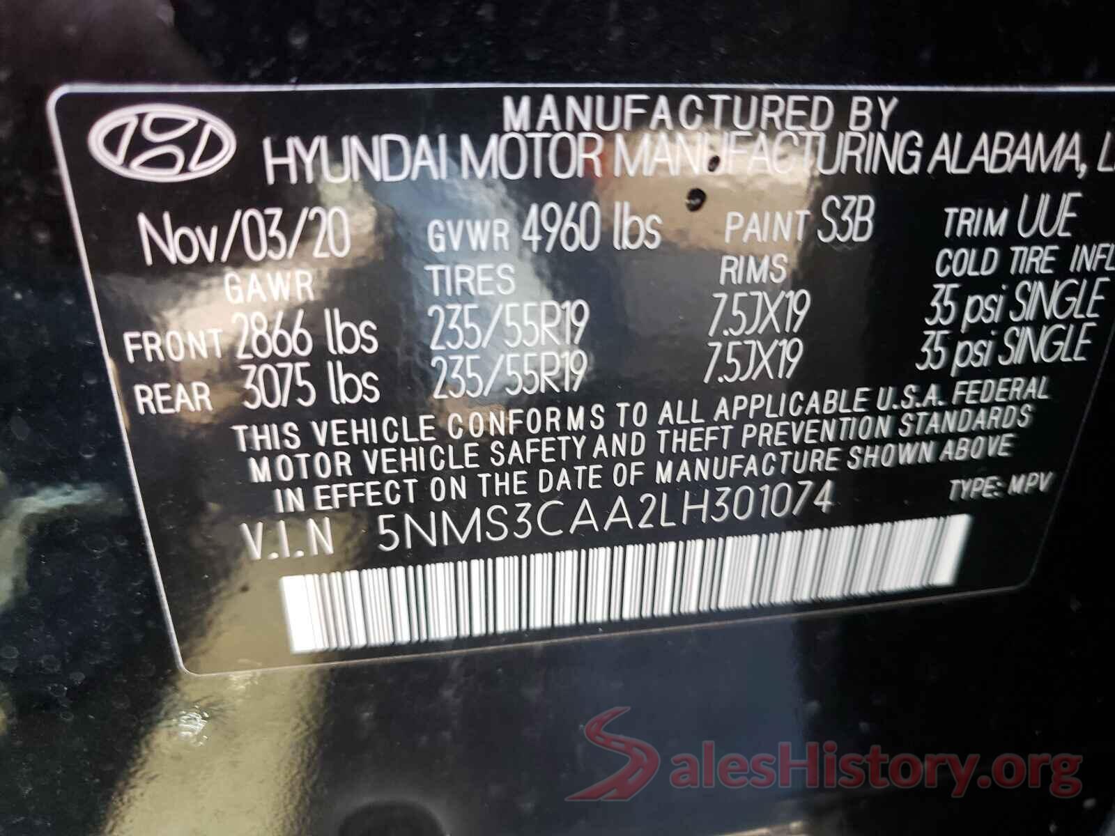 5NMS3CAA2LH301074 2020 HYUNDAI SANTA FE