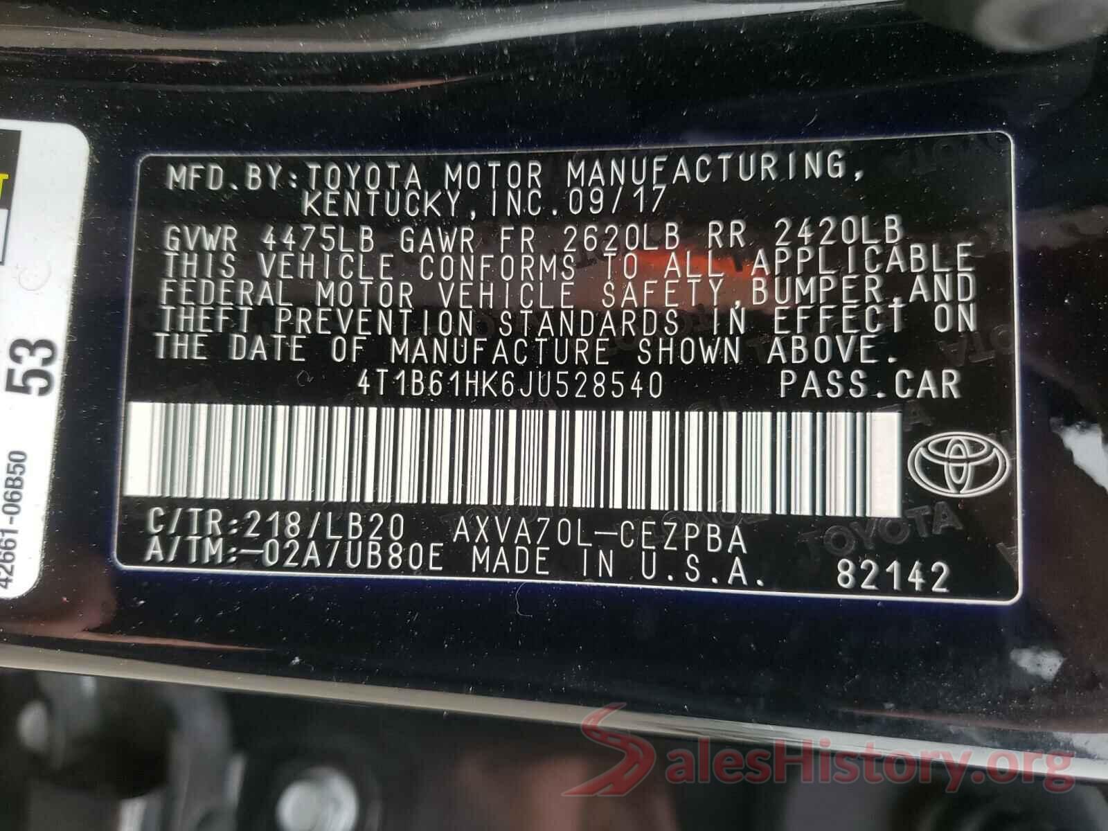 4T1B61HK6JU528540 2018 TOYOTA CAMRY