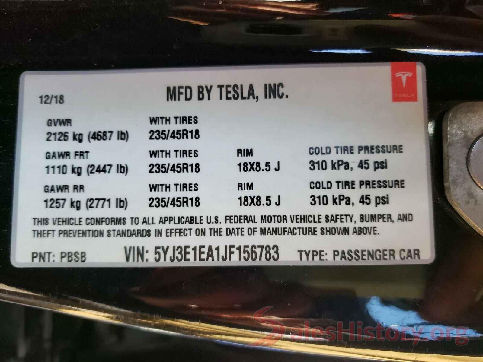 5YJ3E1EA1JF156783 2018 TESLA MODEL 3