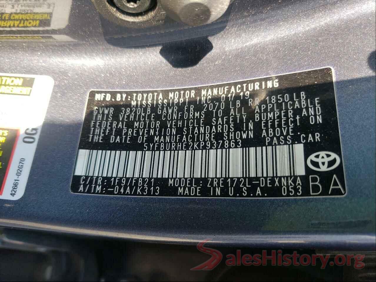 5YFBURHE2KP937863 2019 TOYOTA COROLLA