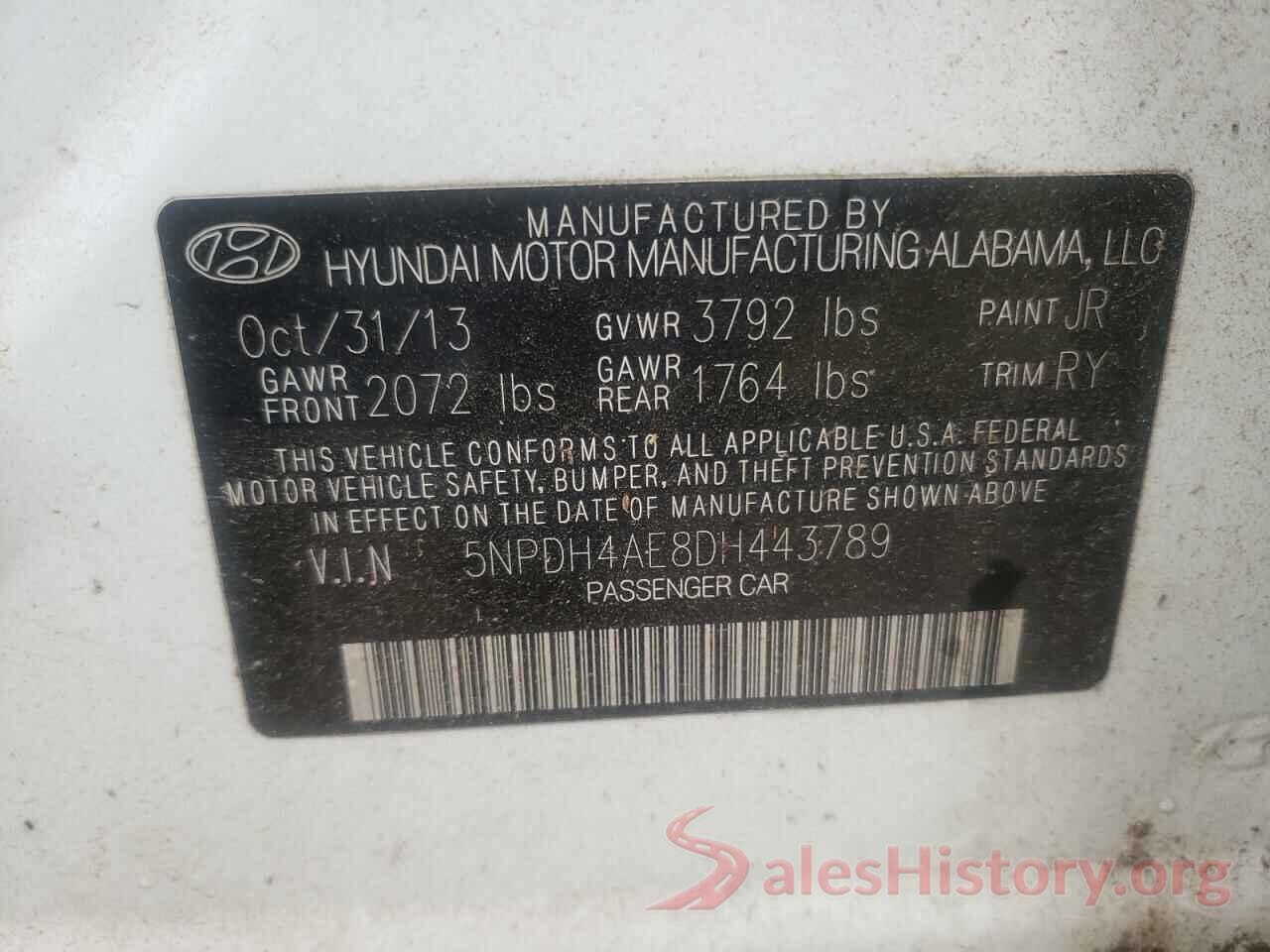 5NPDH4AE8DH443789 2013 HYUNDAI ELANTRA