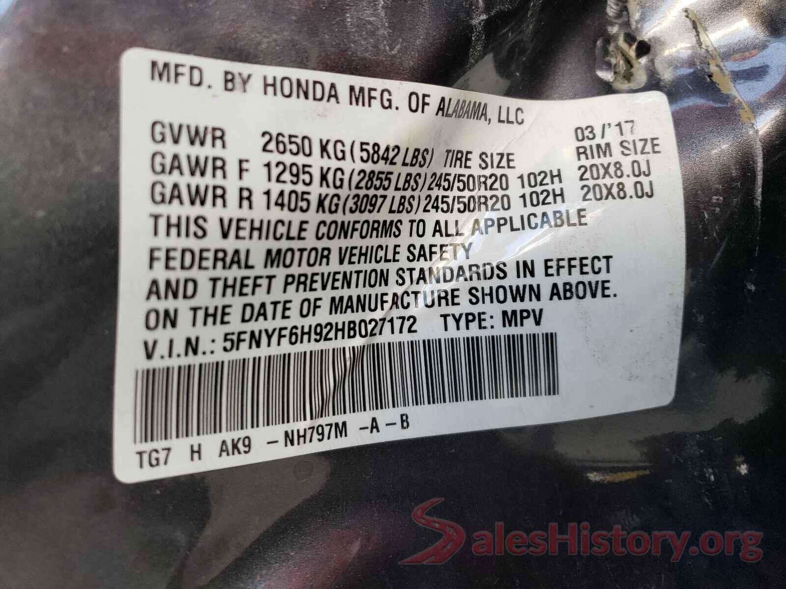 5FNYF6H92HB027172 2017 HONDA PILOT