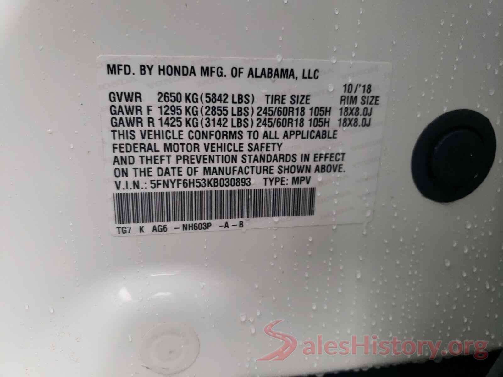 5FNYF6H53KB030893 2019 HONDA PILOT