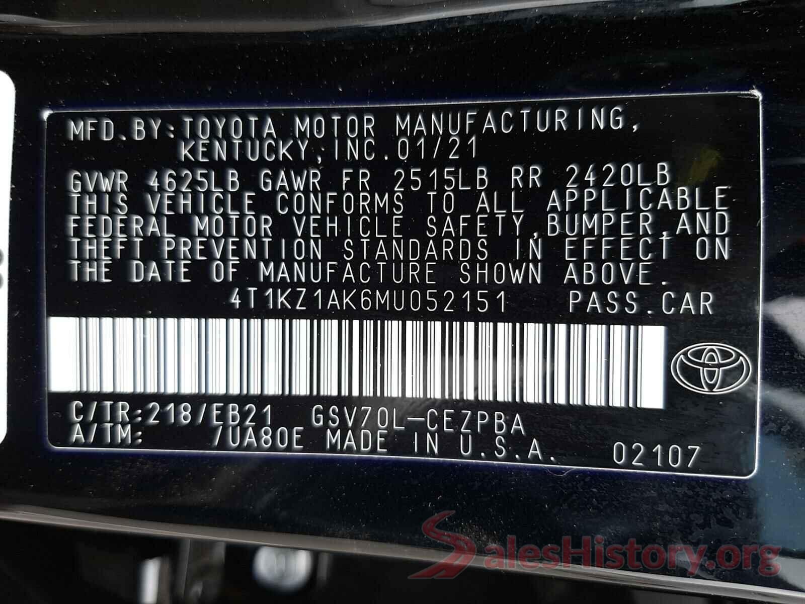 4T1KZ1AK6MU052151 2021 TOYOTA CAMRY