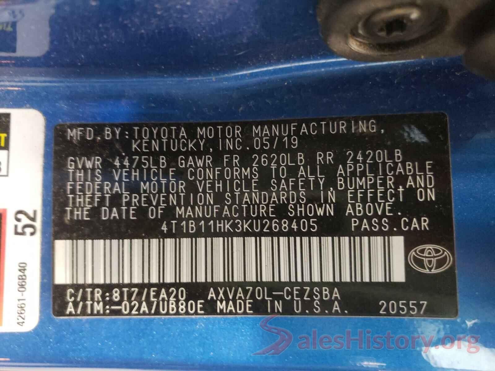 4T1B11HK3KU268405 2019 TOYOTA CAMRY