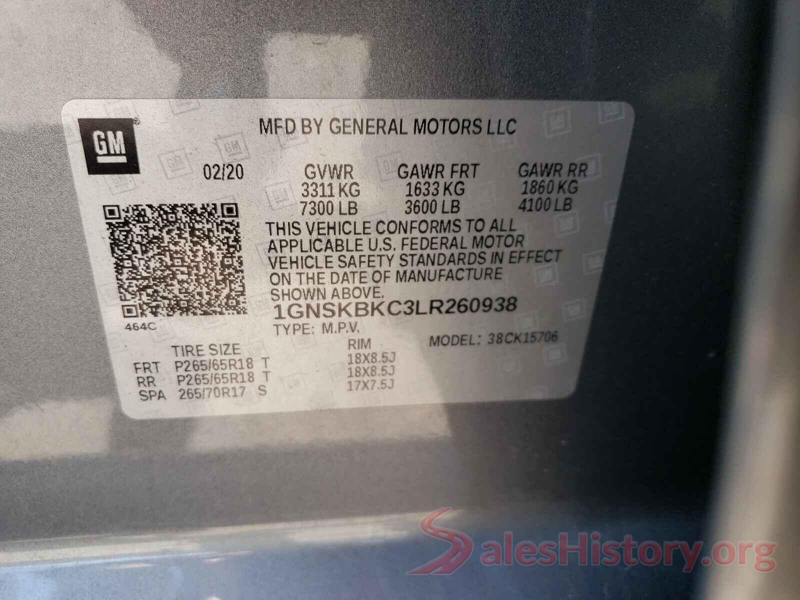 1GNSKBKC3LR260938 2020 CHEVROLET TAHOE