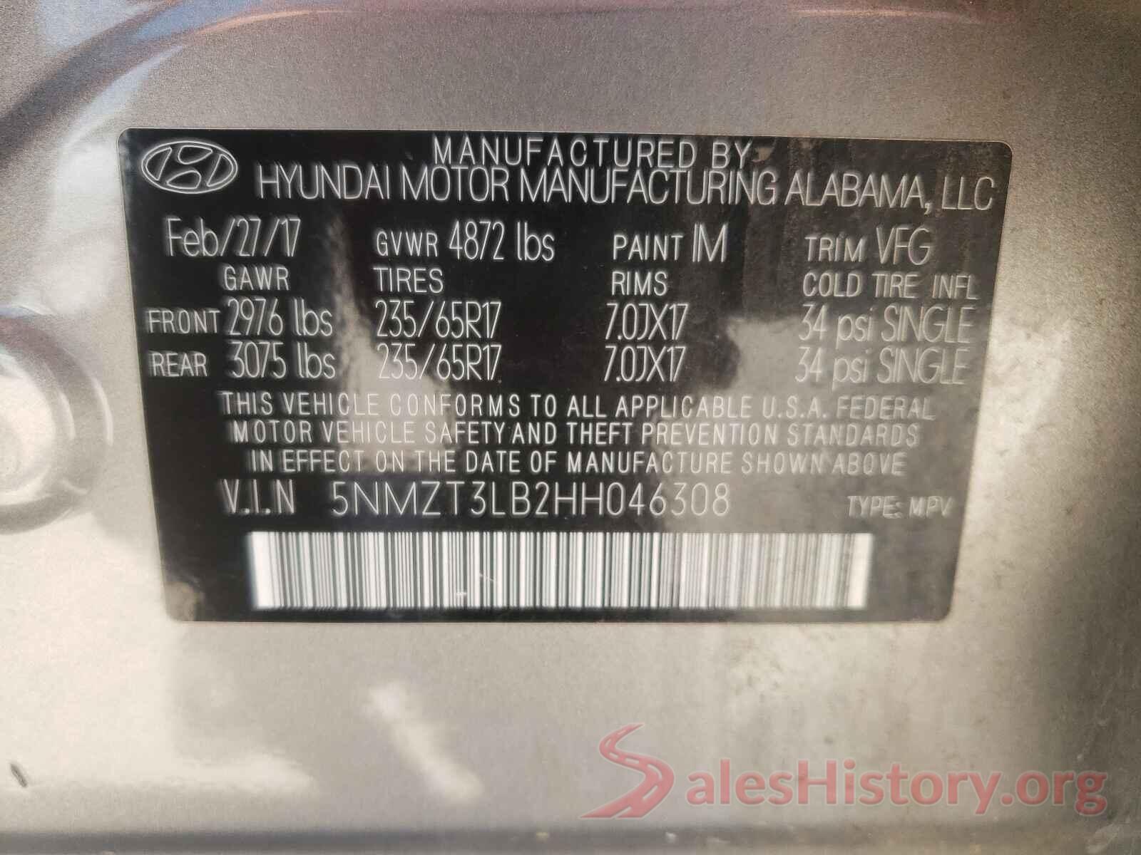 5NMZT3LB2HH046308 2017 HYUNDAI SANTA FE