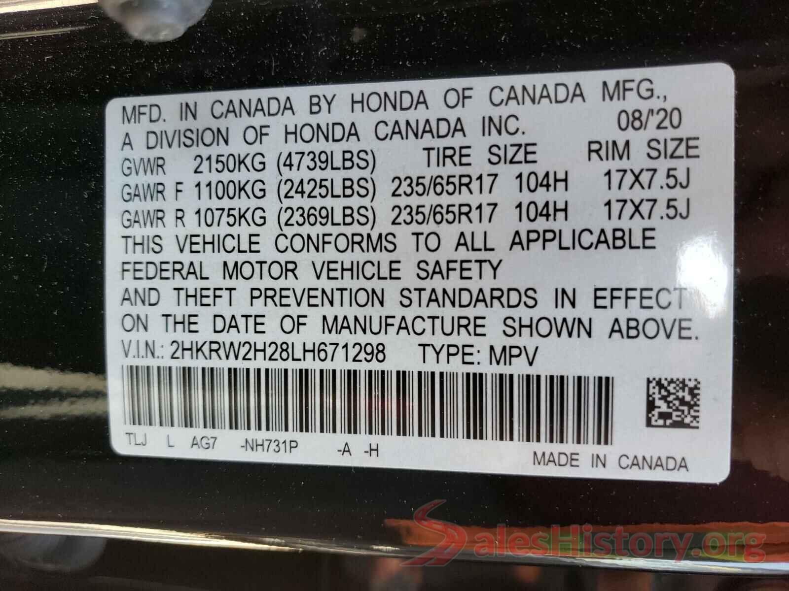 2HKRW2H28LH671298 2020 HONDA CRV