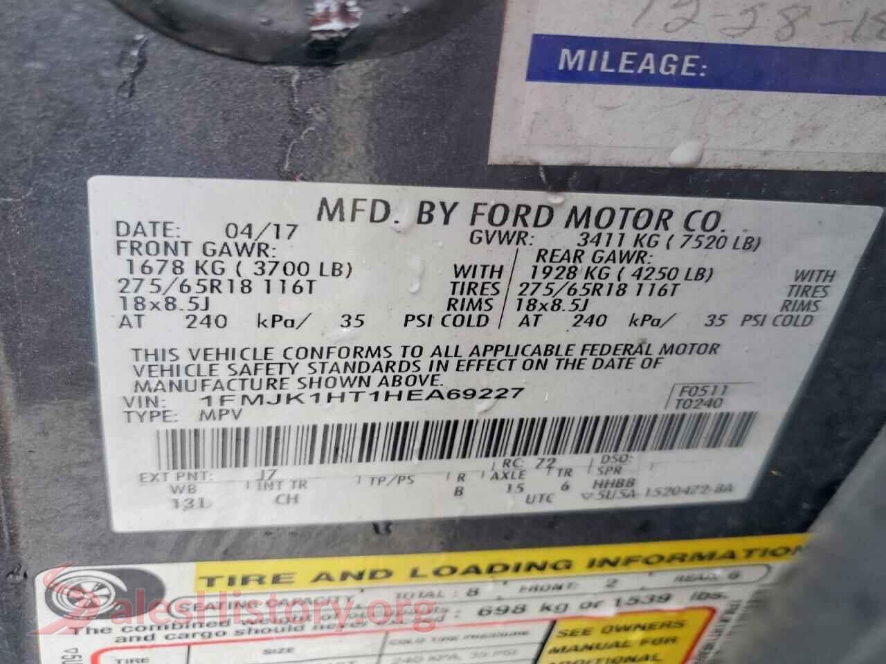 2017 FORD EXPEDITION VIN 1FMJK1HT1HEA69227, trunk area