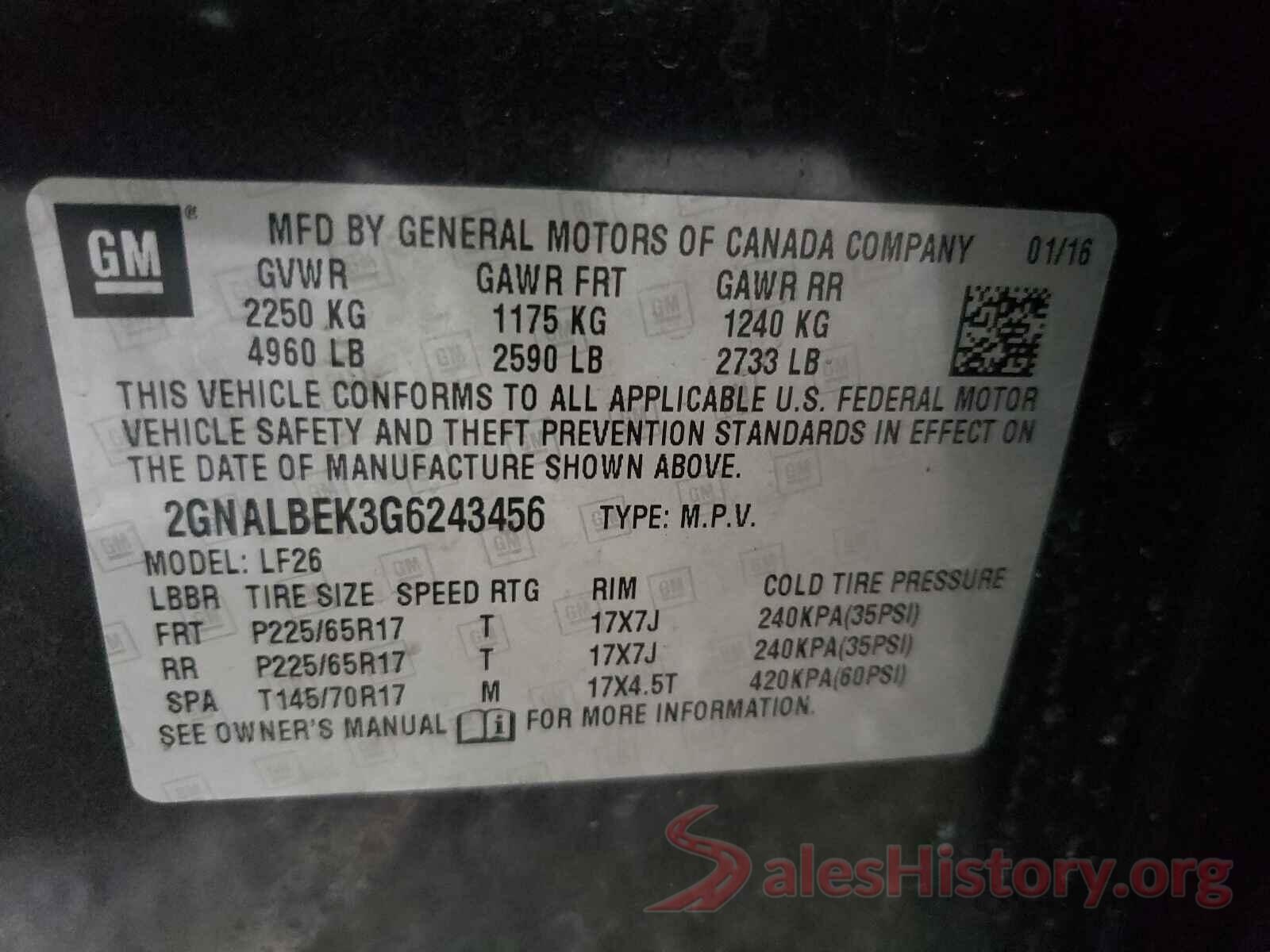 2GNALBEK3G6243456 2016 CHEVROLET EQUINOX