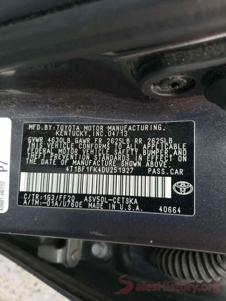 4T1BF1FK4DU251927 2013 TOYOTA CAMRY