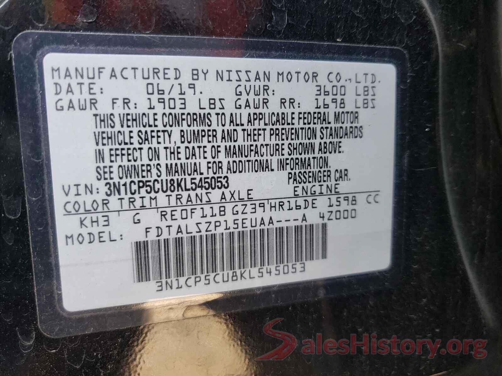 3N1CP5CU8KL545053 2019 NISSAN KICKS