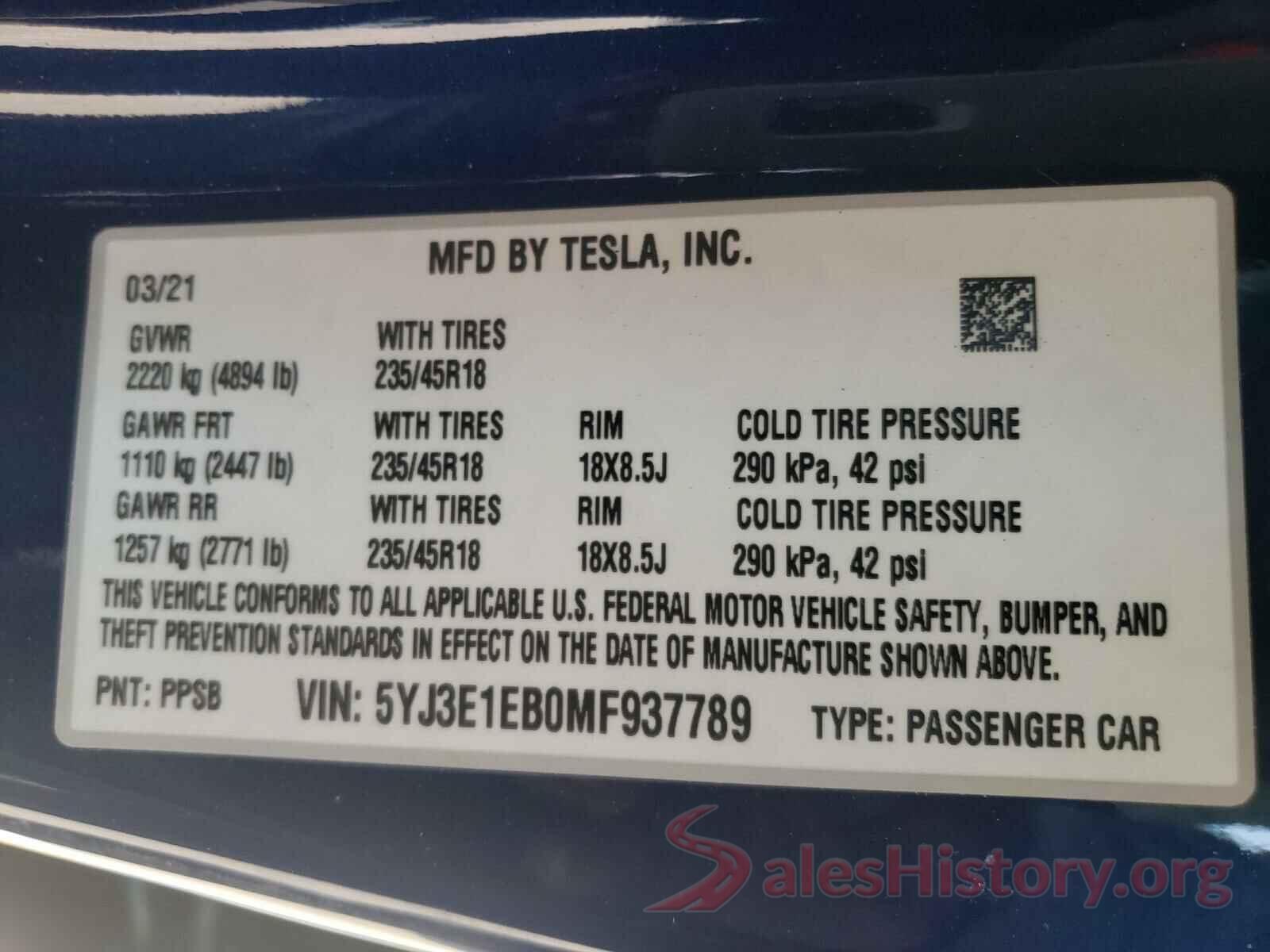 5YJ3E1EB0MF937789 2021 TESLA MODEL 3