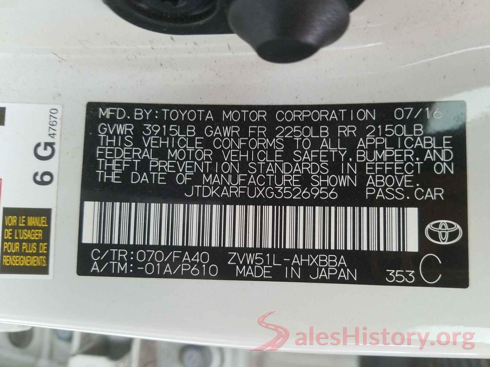 JTDKARFUXG3526956 2016 TOYOTA PRIUS