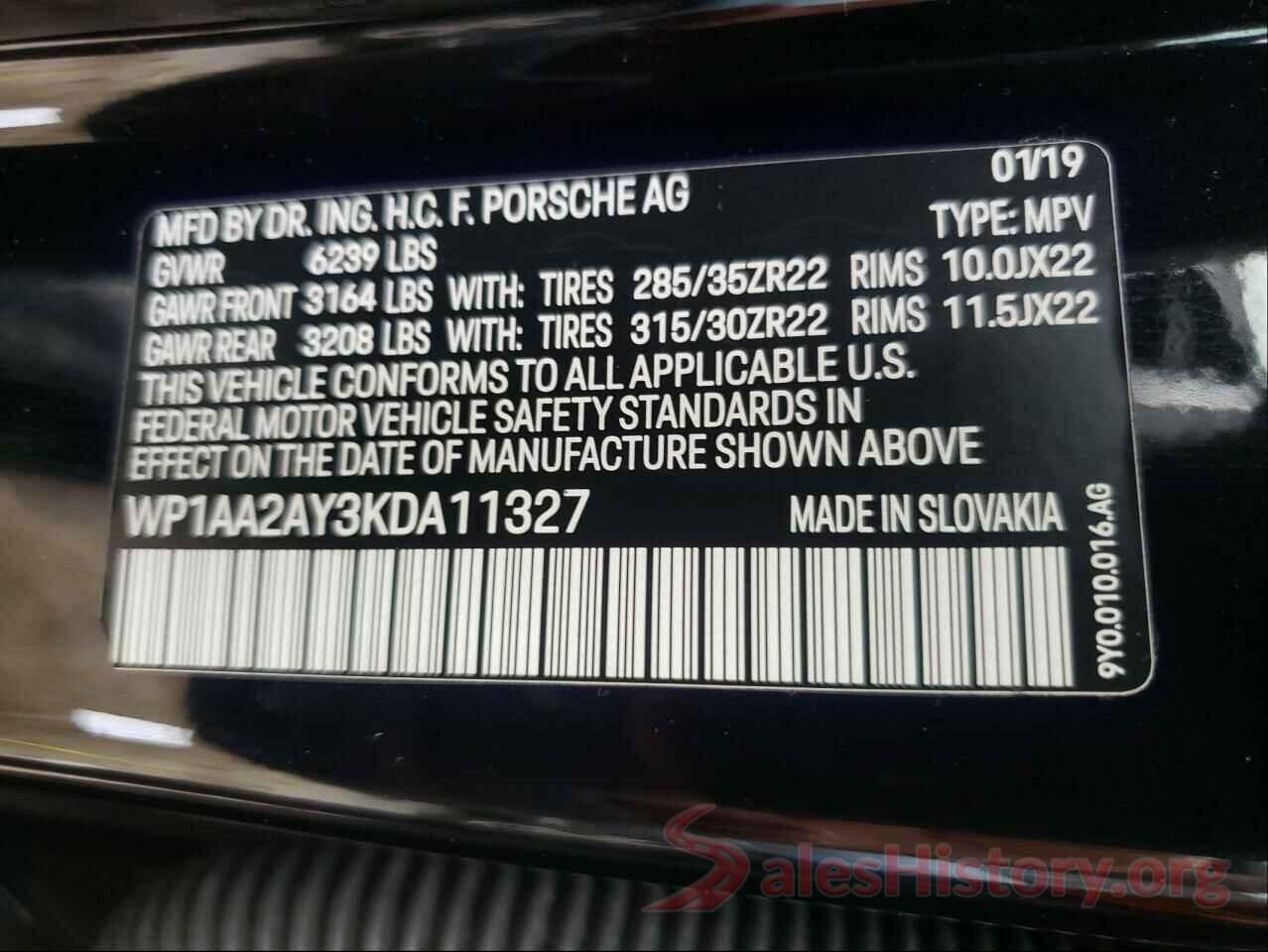 WP1AA2AY3KDA11327 2019 PORSCHE CAYENNE