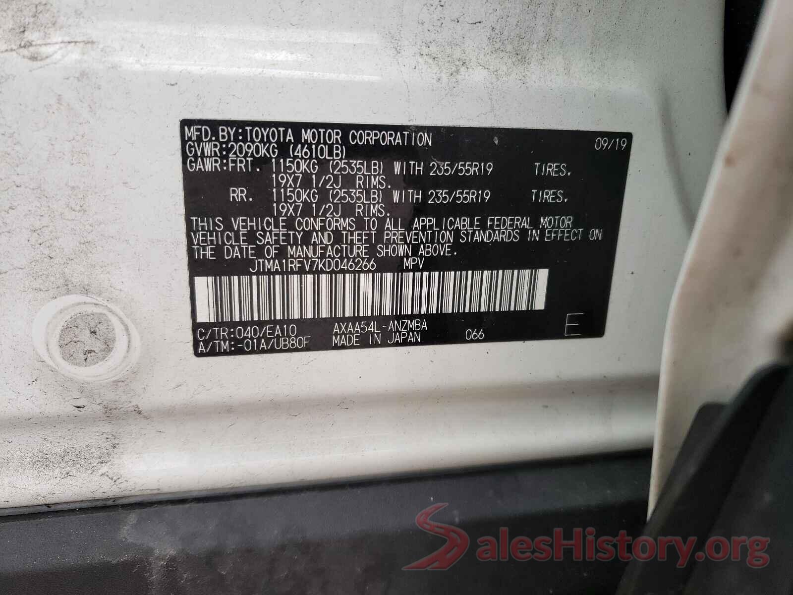 JTMA1RFV7KD046266 2019 TOYOTA RAV4