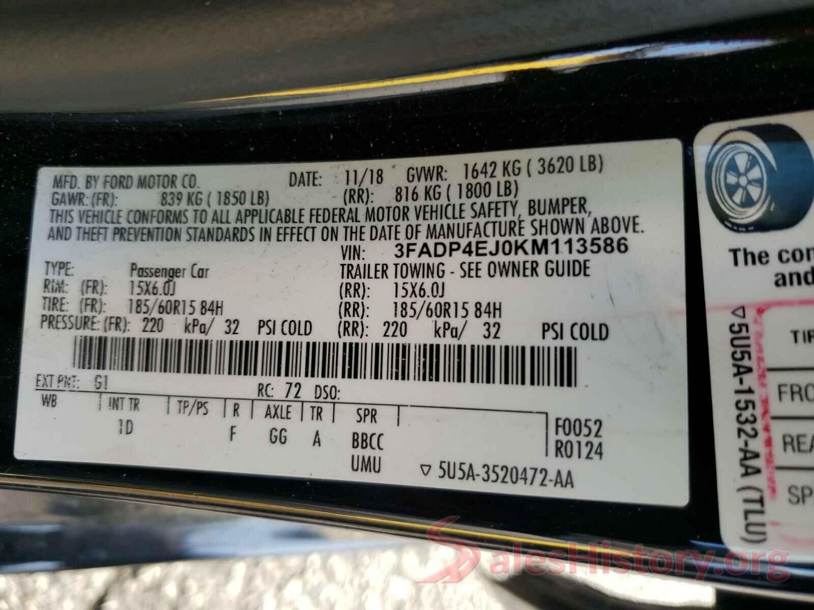 3FADP4EJ0KM113586 2019 FORD FIESTA