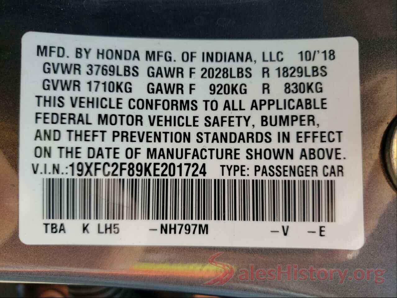 19XFC2F89KE201724 2019 HONDA CIVIC