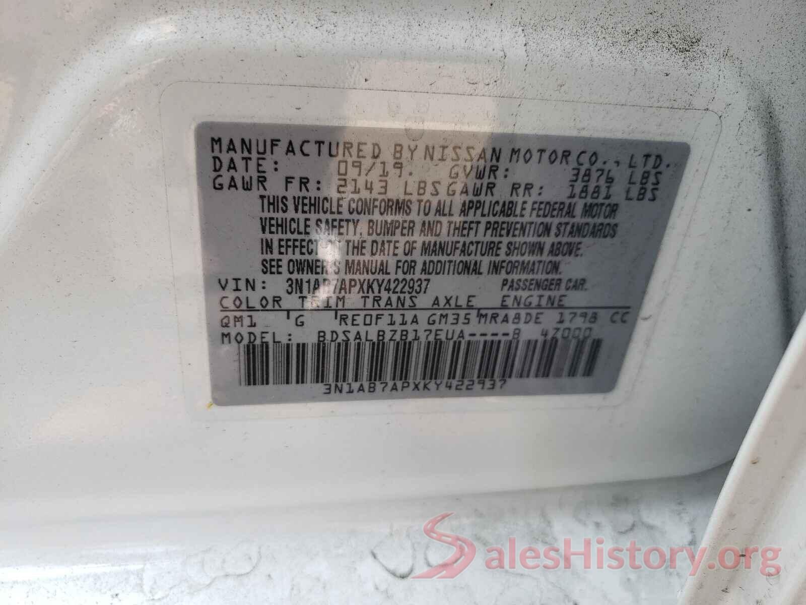 3N1AB7APXKY422937 2019 NISSAN SENTRA