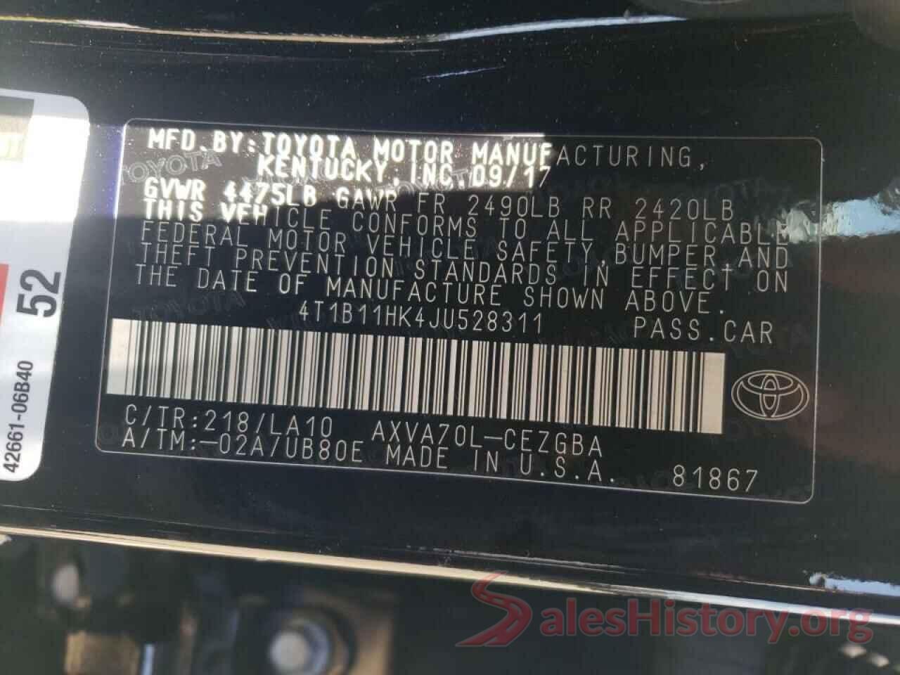 4T1B11HK4JU528311 2018 TOYOTA CAMRY