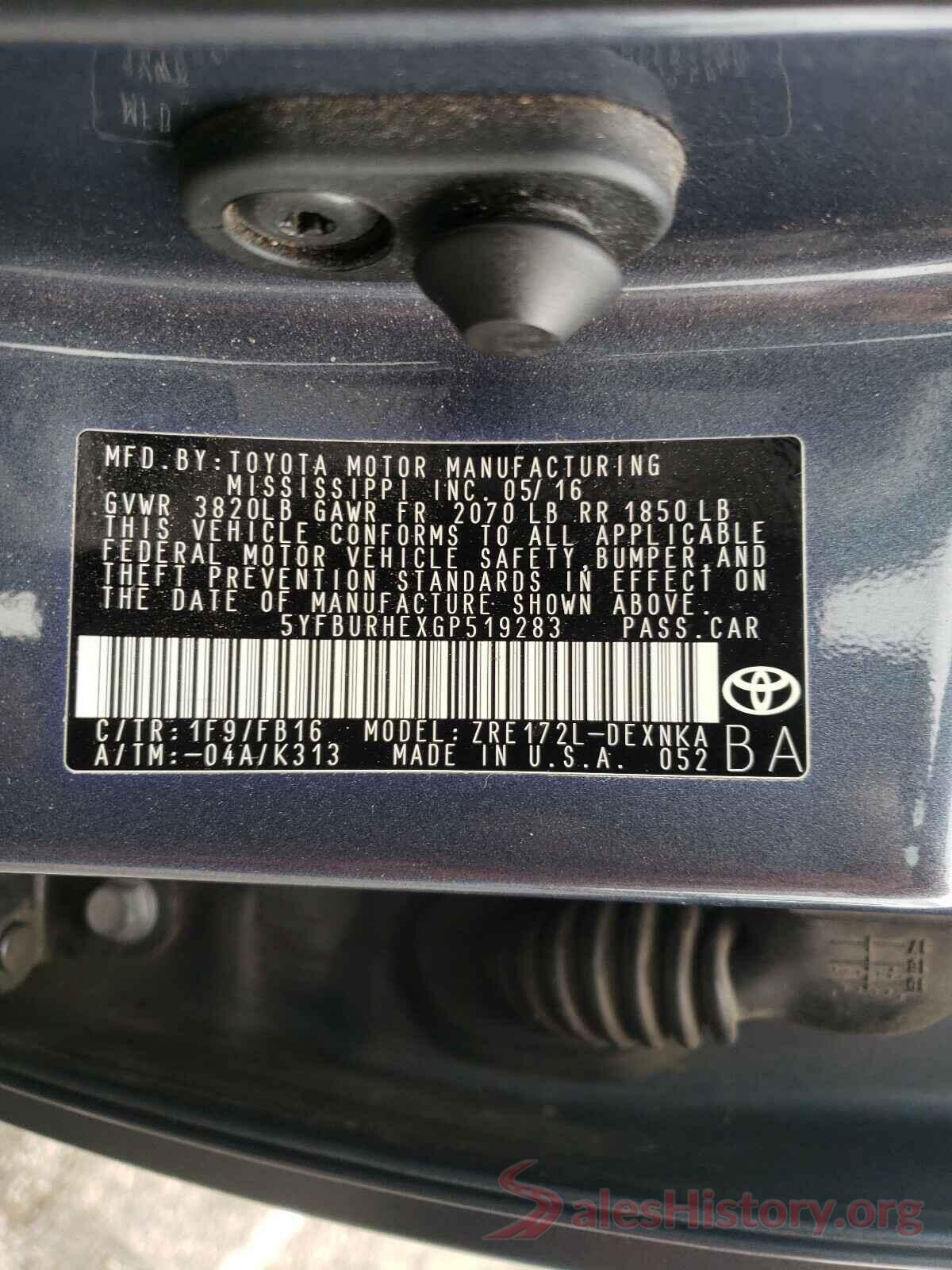 5YFBURHEXGP519283 2016 TOYOTA COROLLA