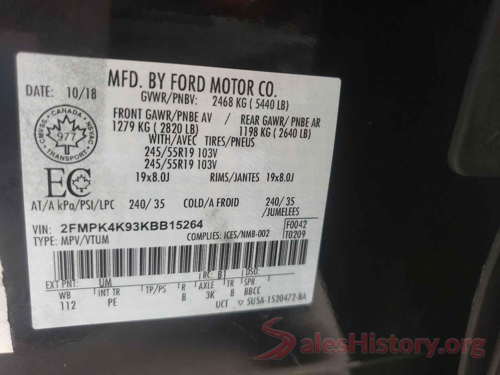 2FMPK4K93KBB15264 2019 FORD EDGE