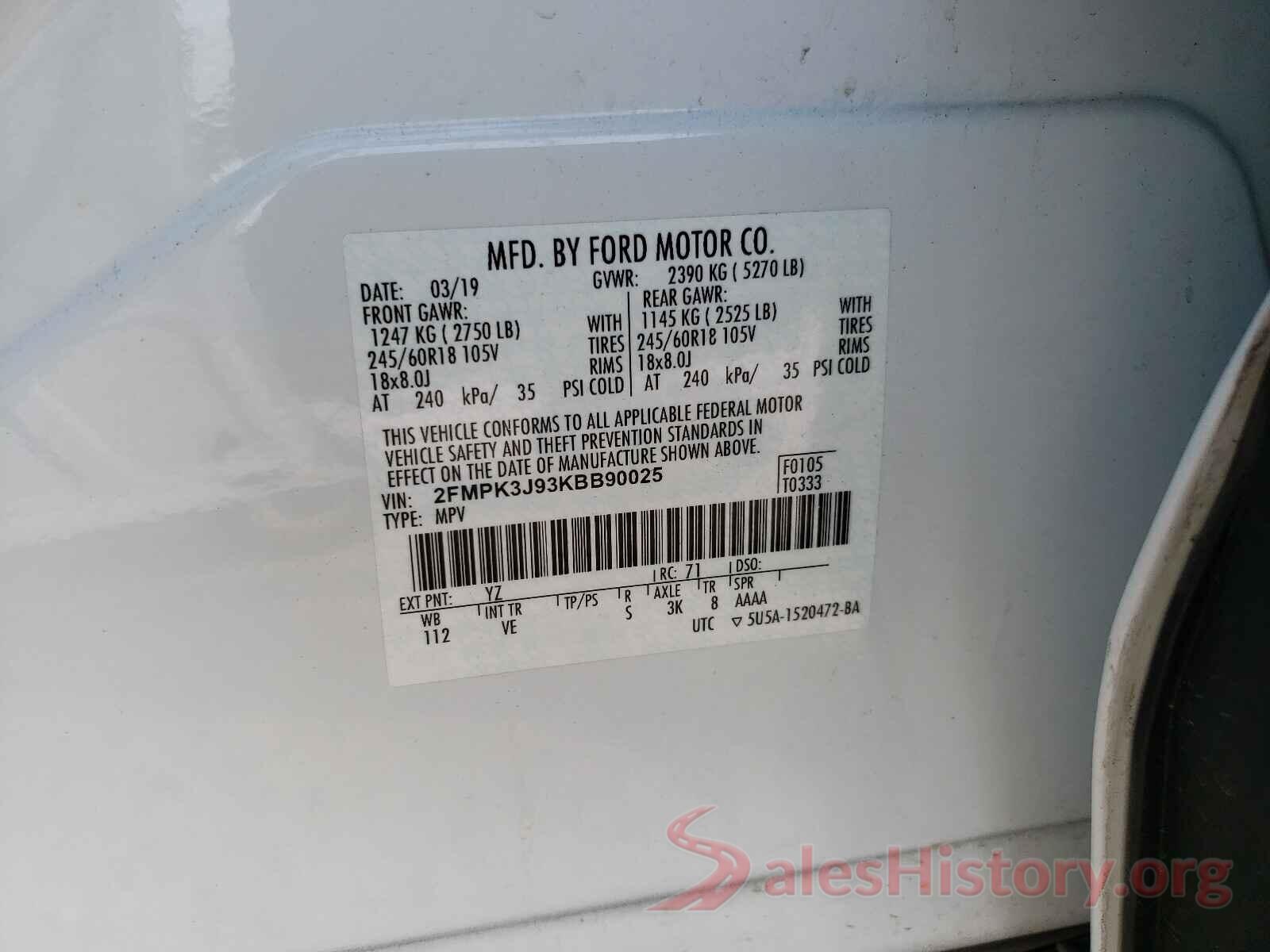 2FMPK3J93KBB90025 2019 FORD EDGE