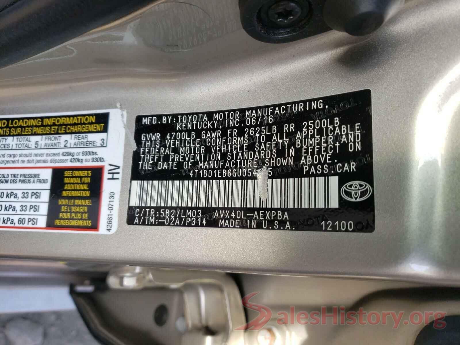 4T1BD1EB6GU054835 2016 TOYOTA AVALON