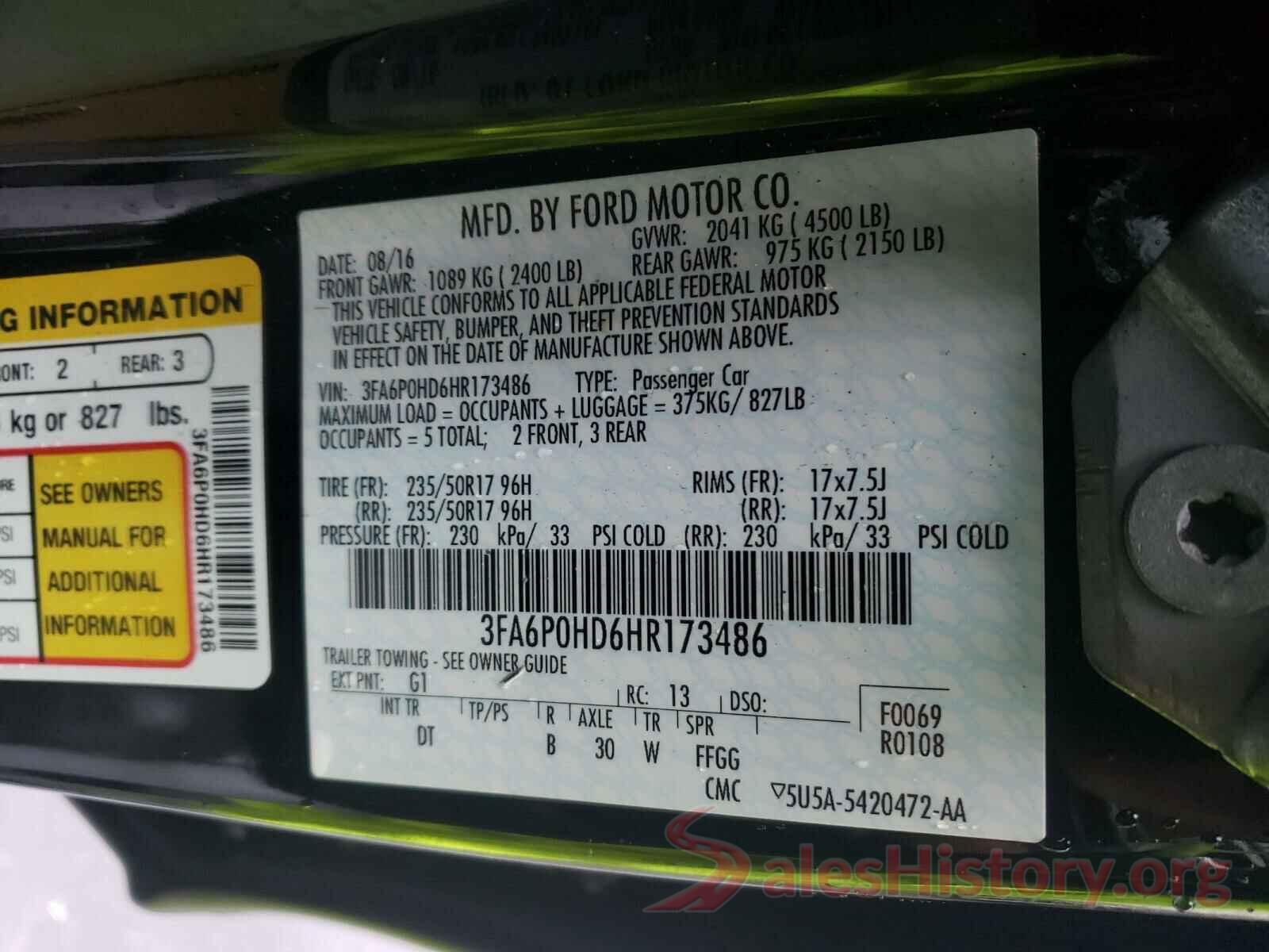 3FA6P0HD6HR173486 2017 FORD FUSION