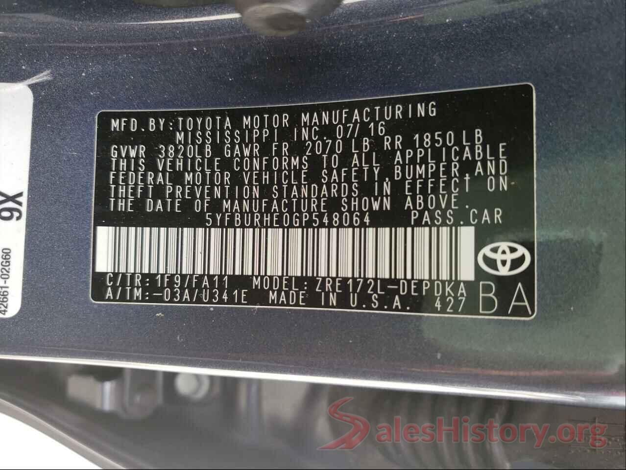 5YFBURHE0GP548064 2016 TOYOTA COROLLA