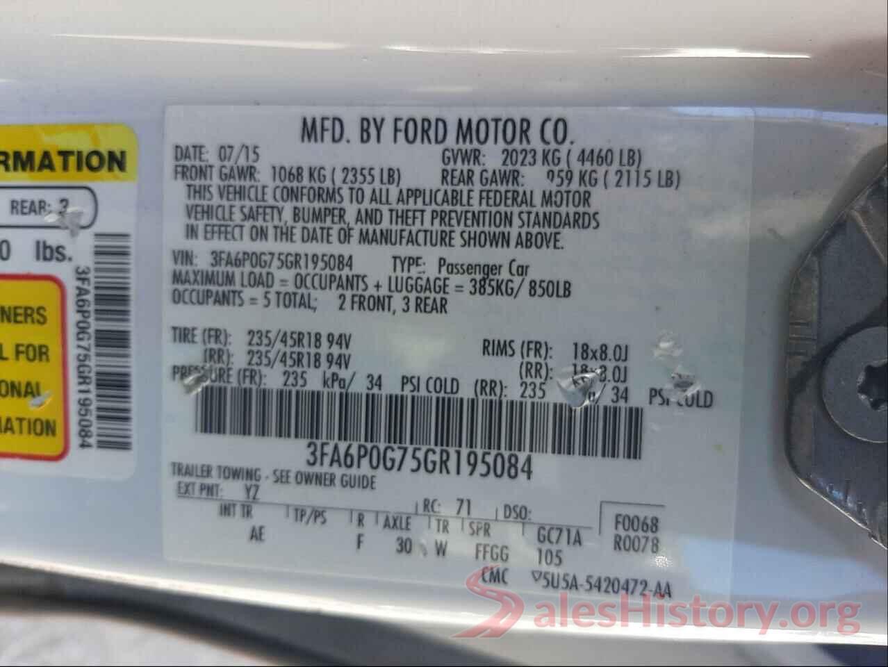 3FA6P0G75GR195084 2016 FORD FUSION