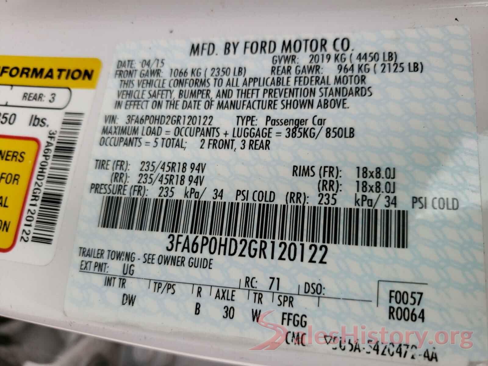 3FA6P0HD2GR120122 2016 FORD FUSION