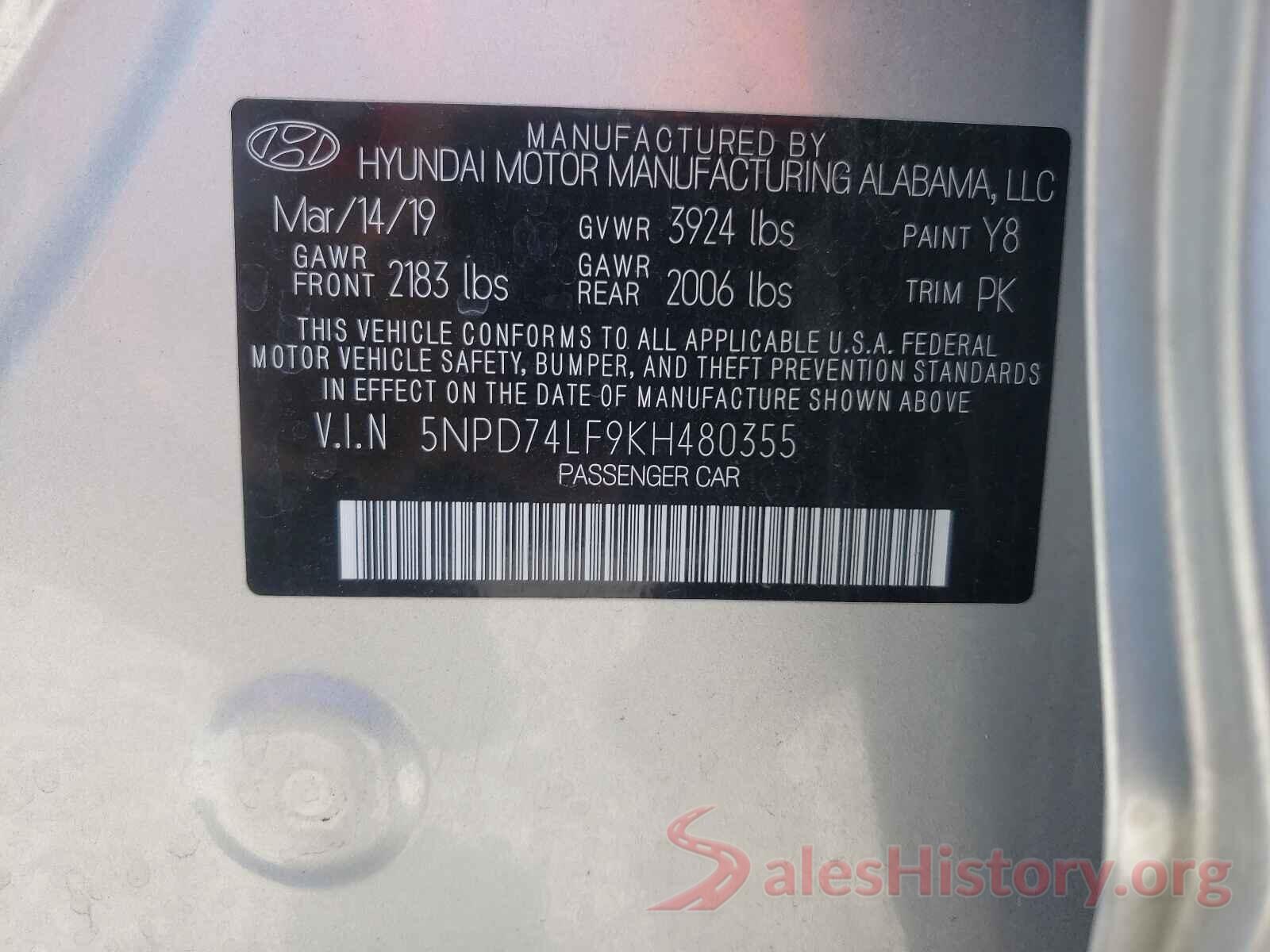 5NPD74LF9KH480355 2019 HYUNDAI ELANTRA