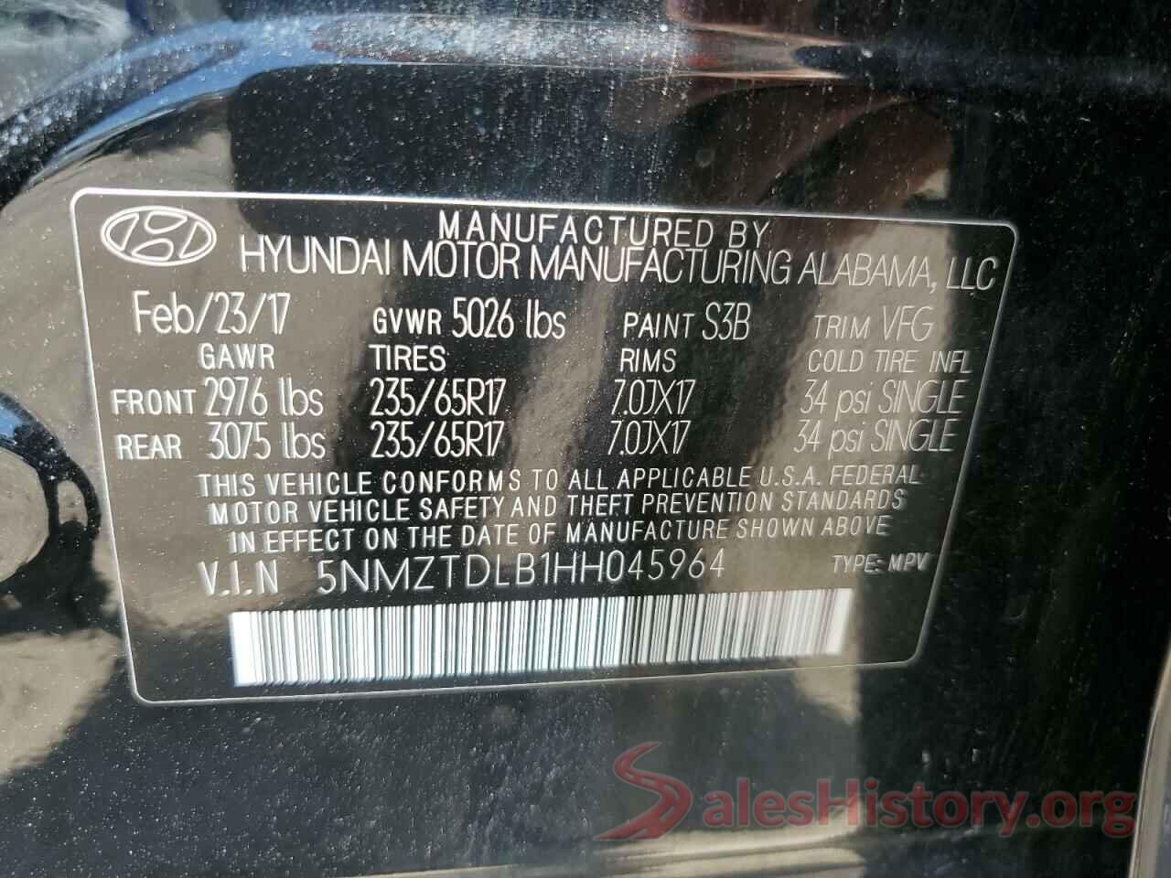 5NMZTDLB1HH045964 2017 HYUNDAI SANTA FE