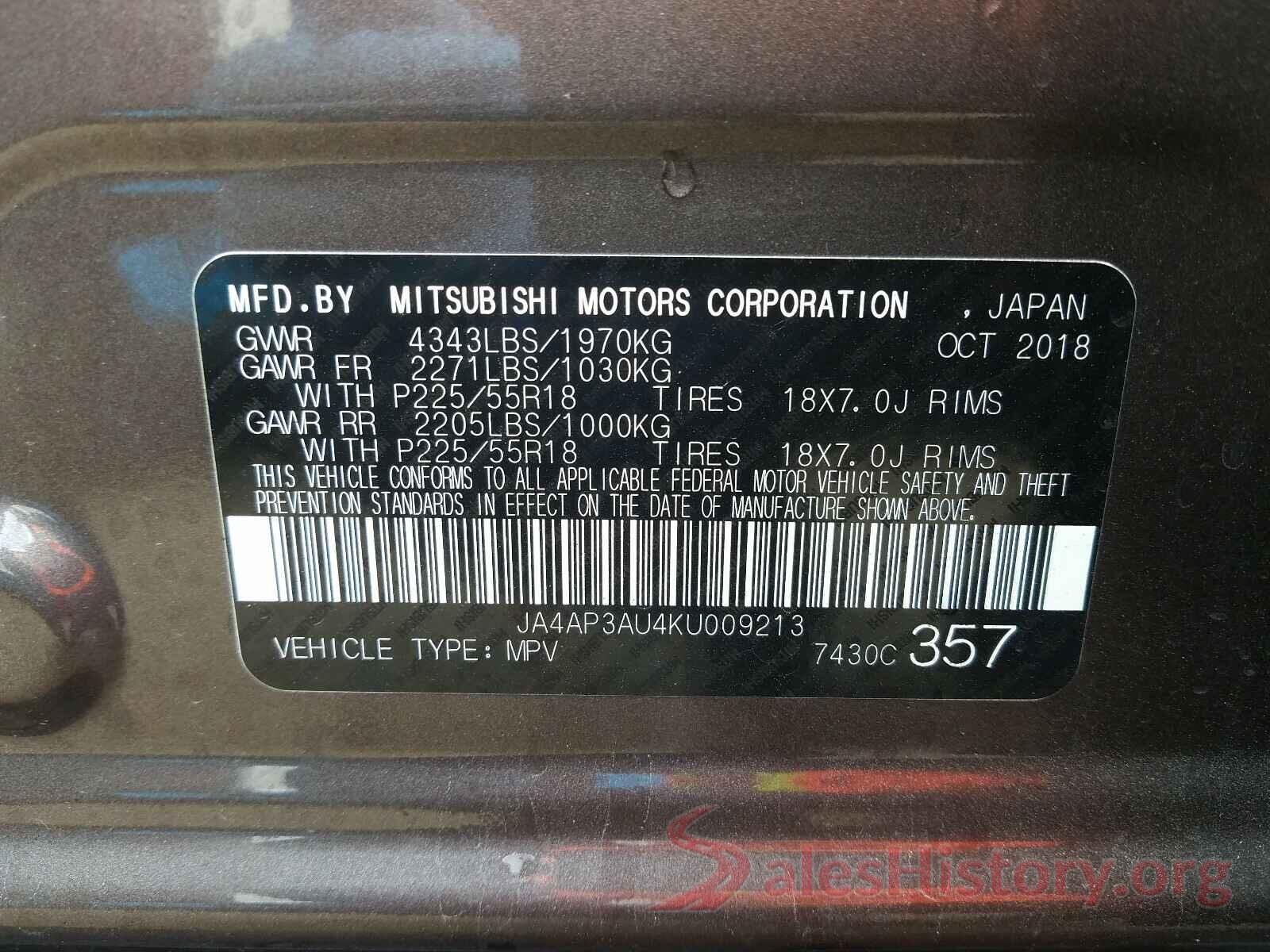 JA4AP3AU4KU009213 2019 MITSUBISHI OUTLANDER