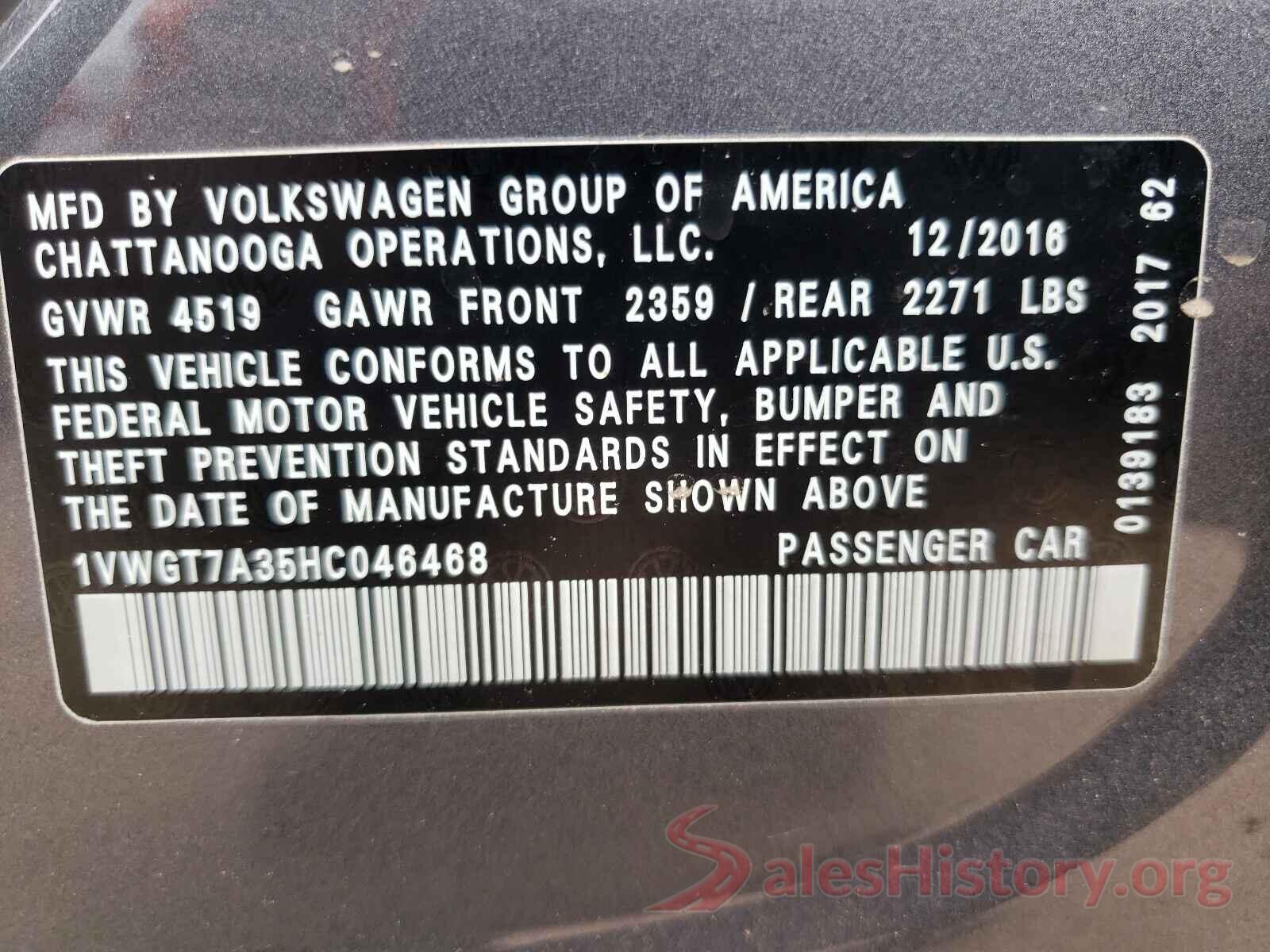 1VWGT7A35HC046468 2017 VOLKSWAGEN PASSAT