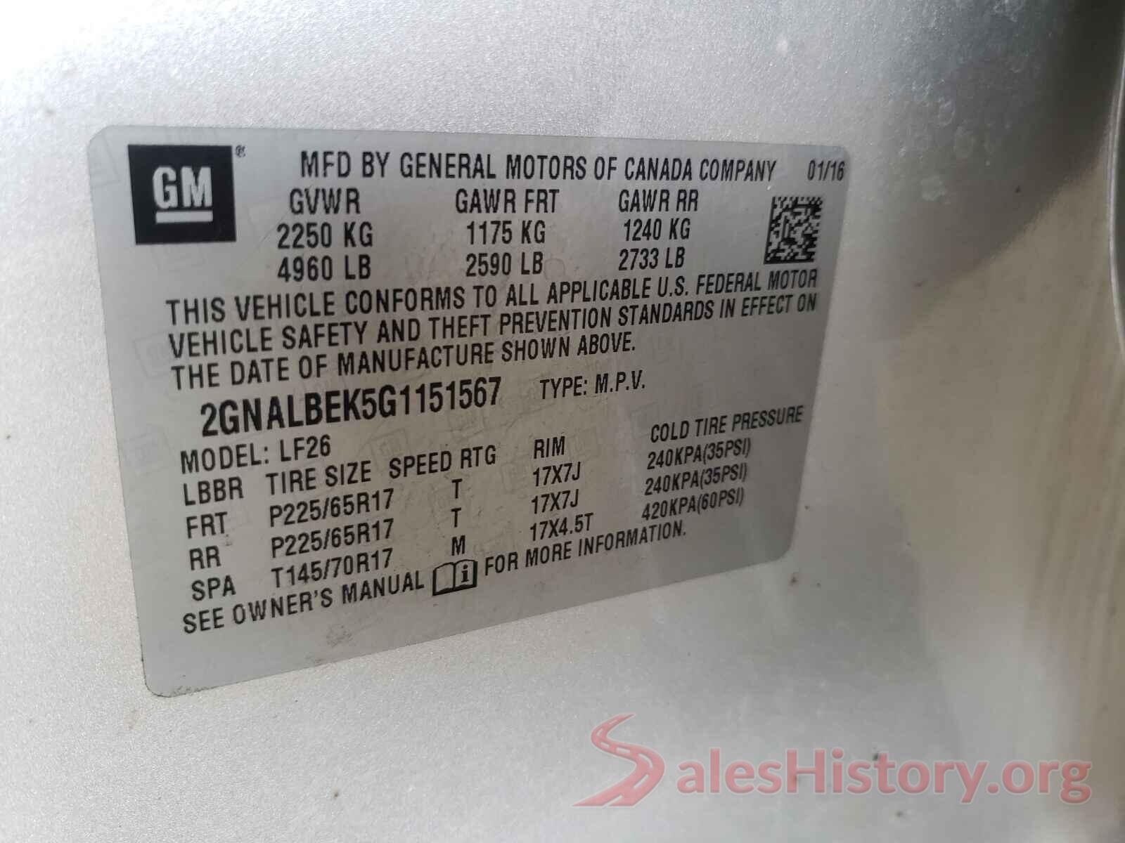 2GNALBEK5G1151567 2016 CHEVROLET EQUINOX