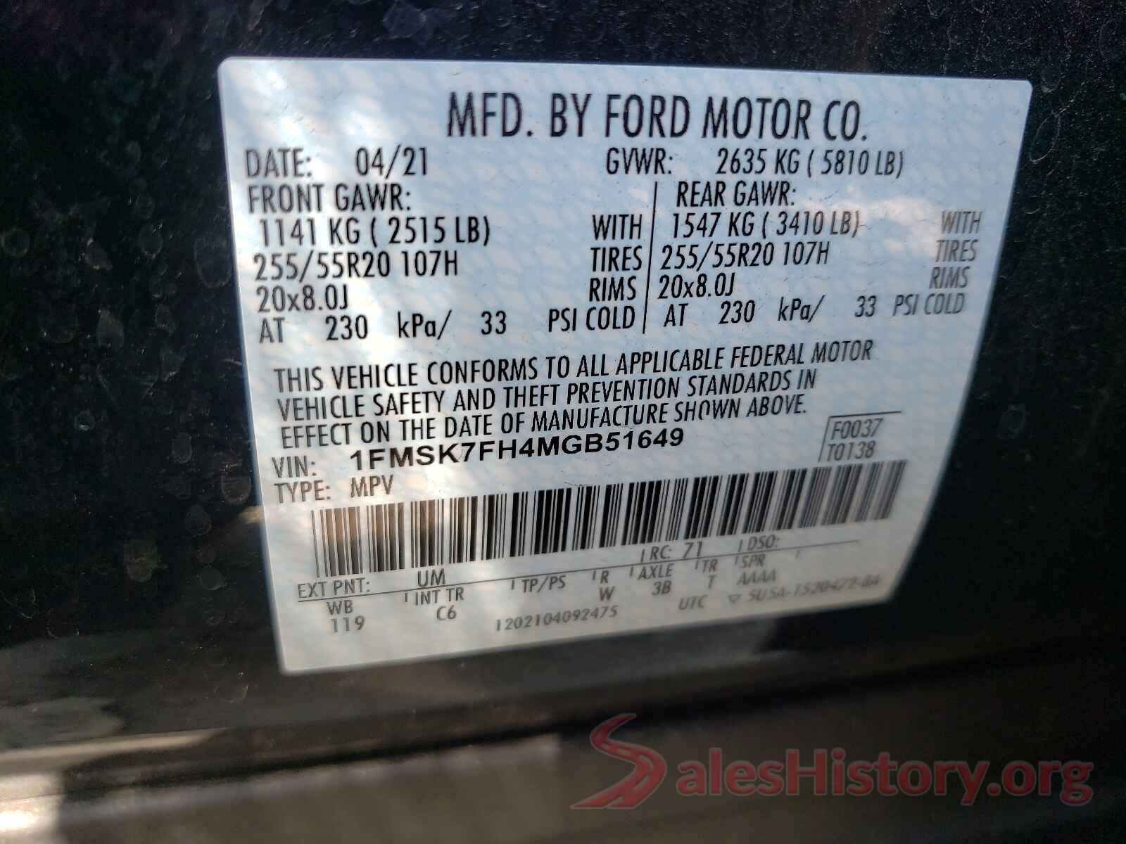 1FMSK7FH4MGB51649 2021 FORD EXPLORER