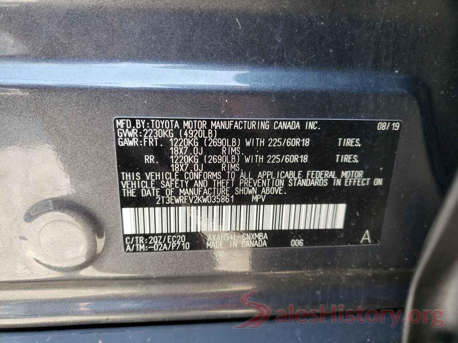 2T3EWRFV2KW035861 2019 TOYOTA RAV4