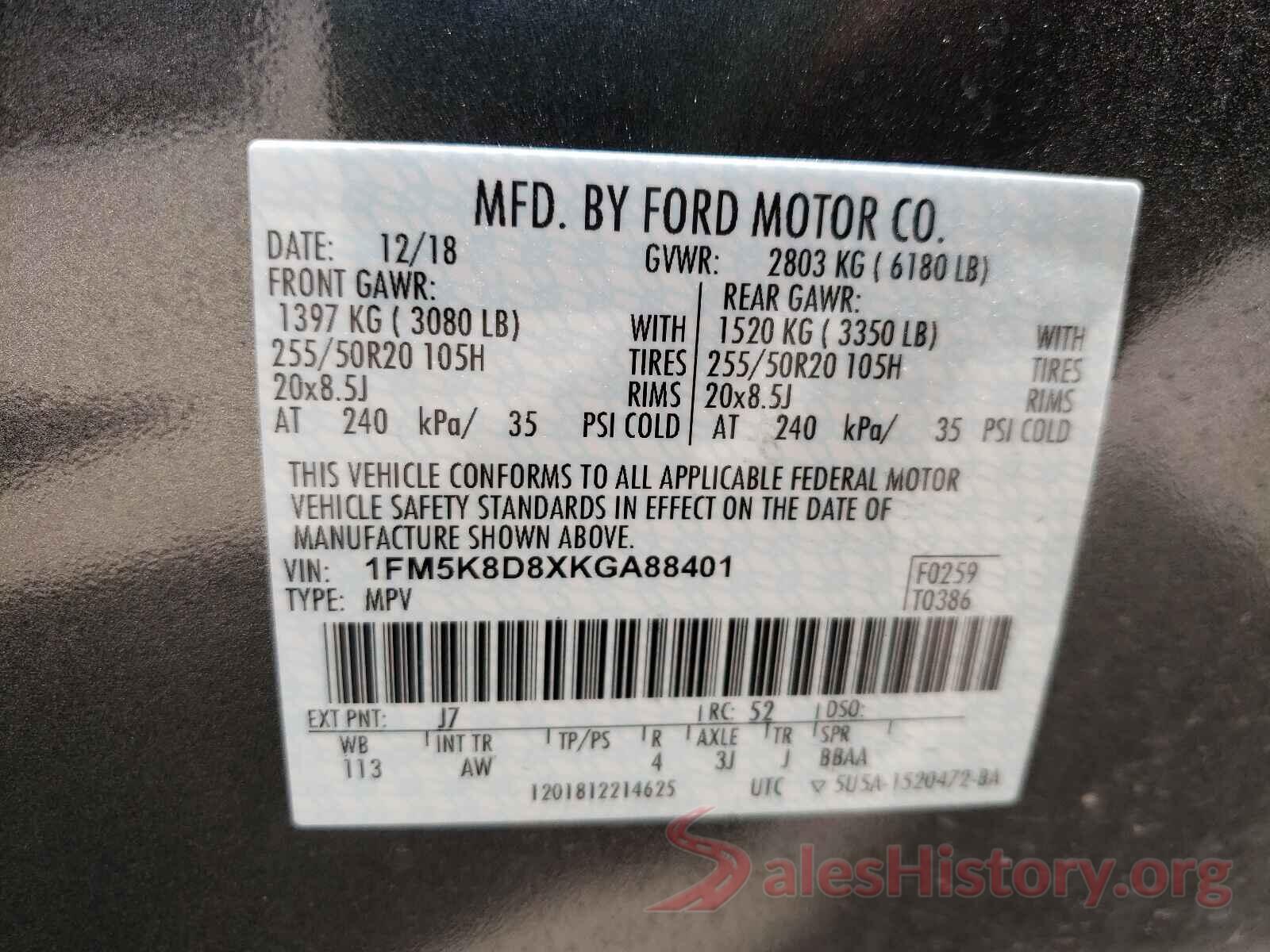 1FM5K8D8XKGA88401 2019 FORD EXPLORER