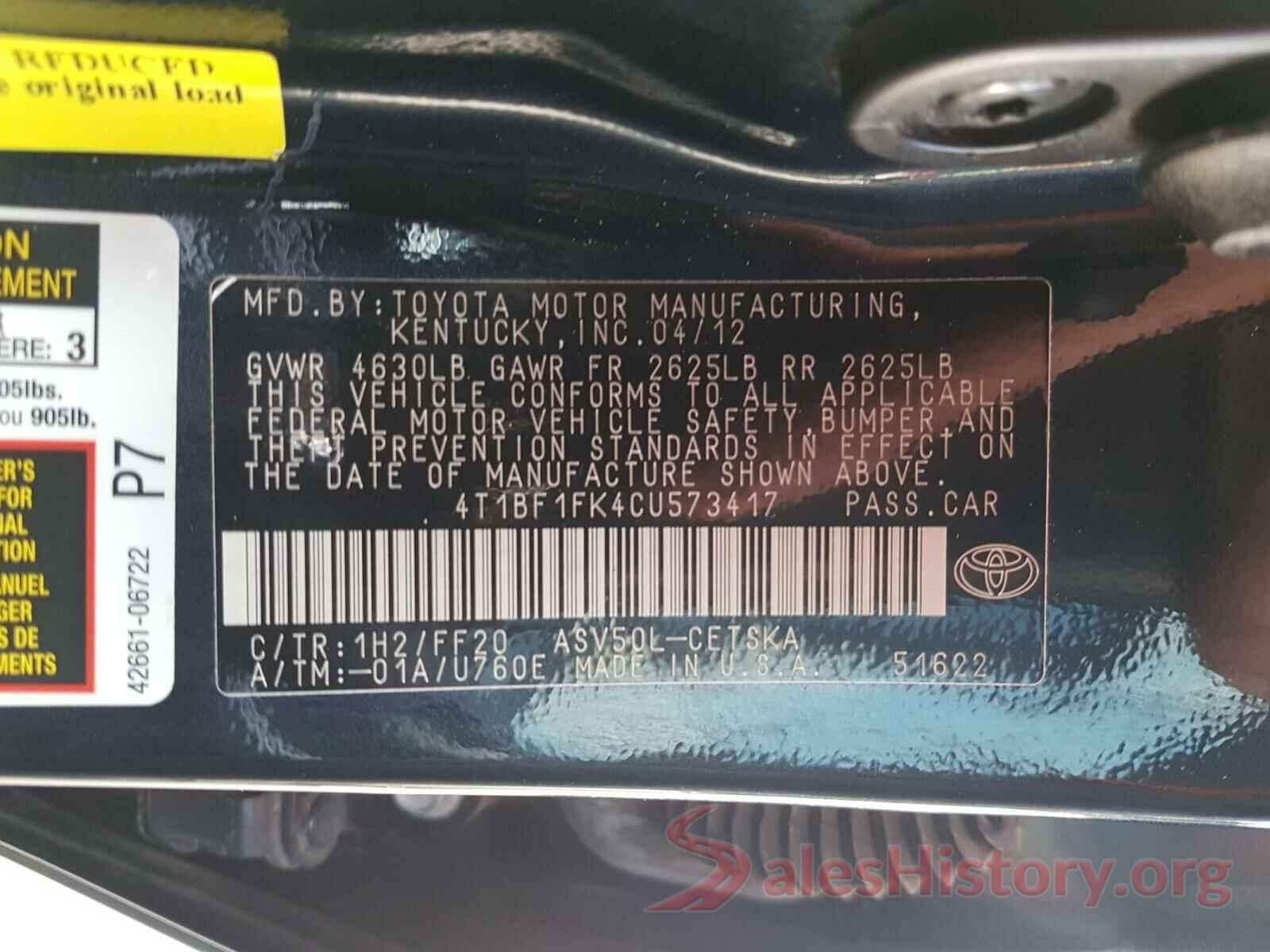 4T1BF1FK4CU573417 2012 TOYOTA CAMRY