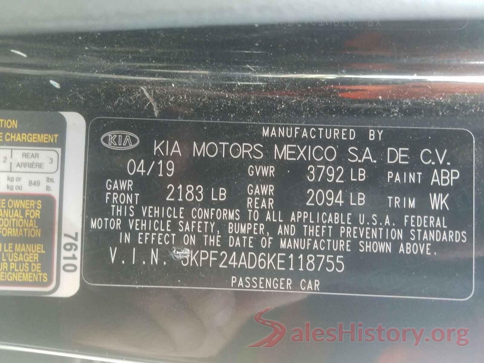 3KPF24AD6KE118755 2019 KIA FORTE