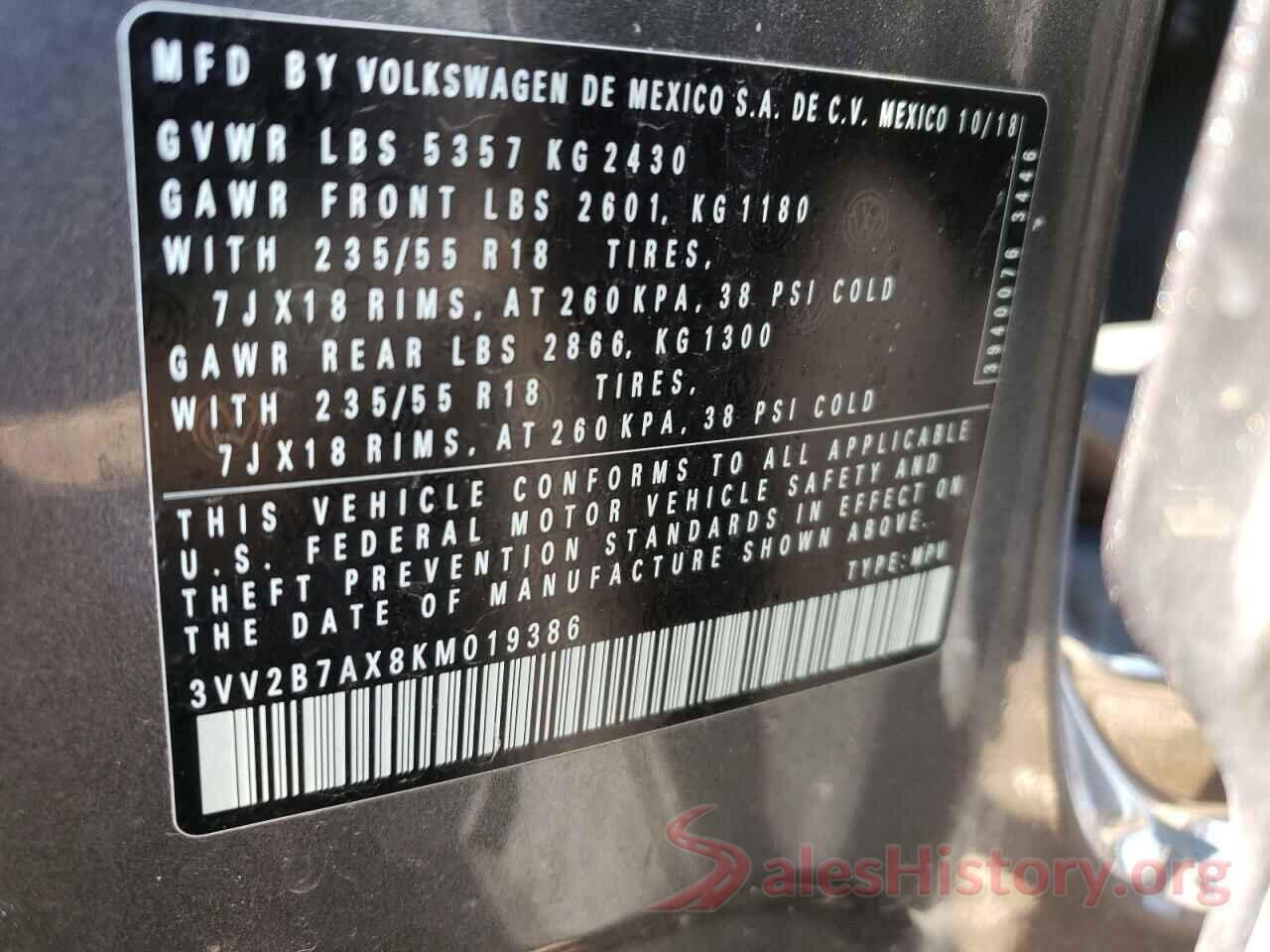 3VV2B7AX8KM019386 2019 VOLKSWAGEN TIGUAN