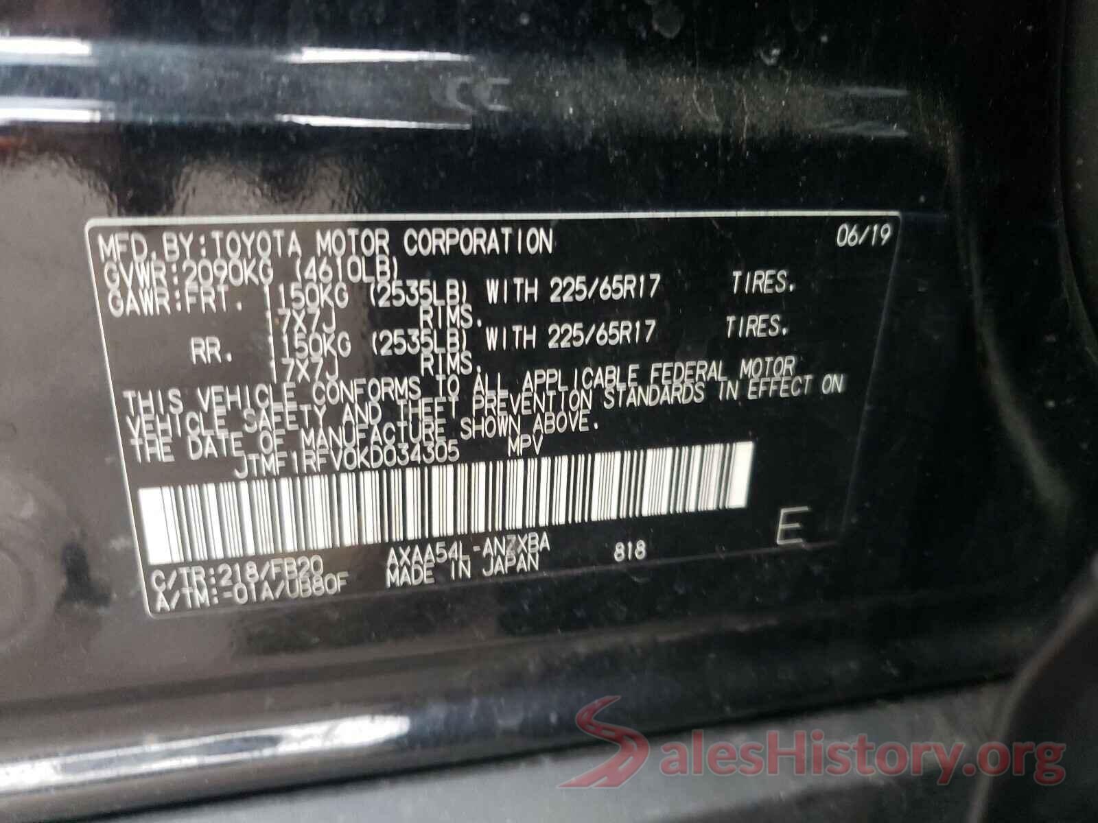 JTMF1RFV0KD034305 2019 TOYOTA RAV4