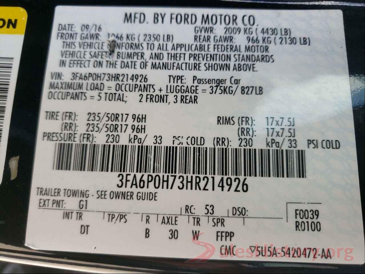 3FA6P0H73HR214926 2017 FORD FUSION