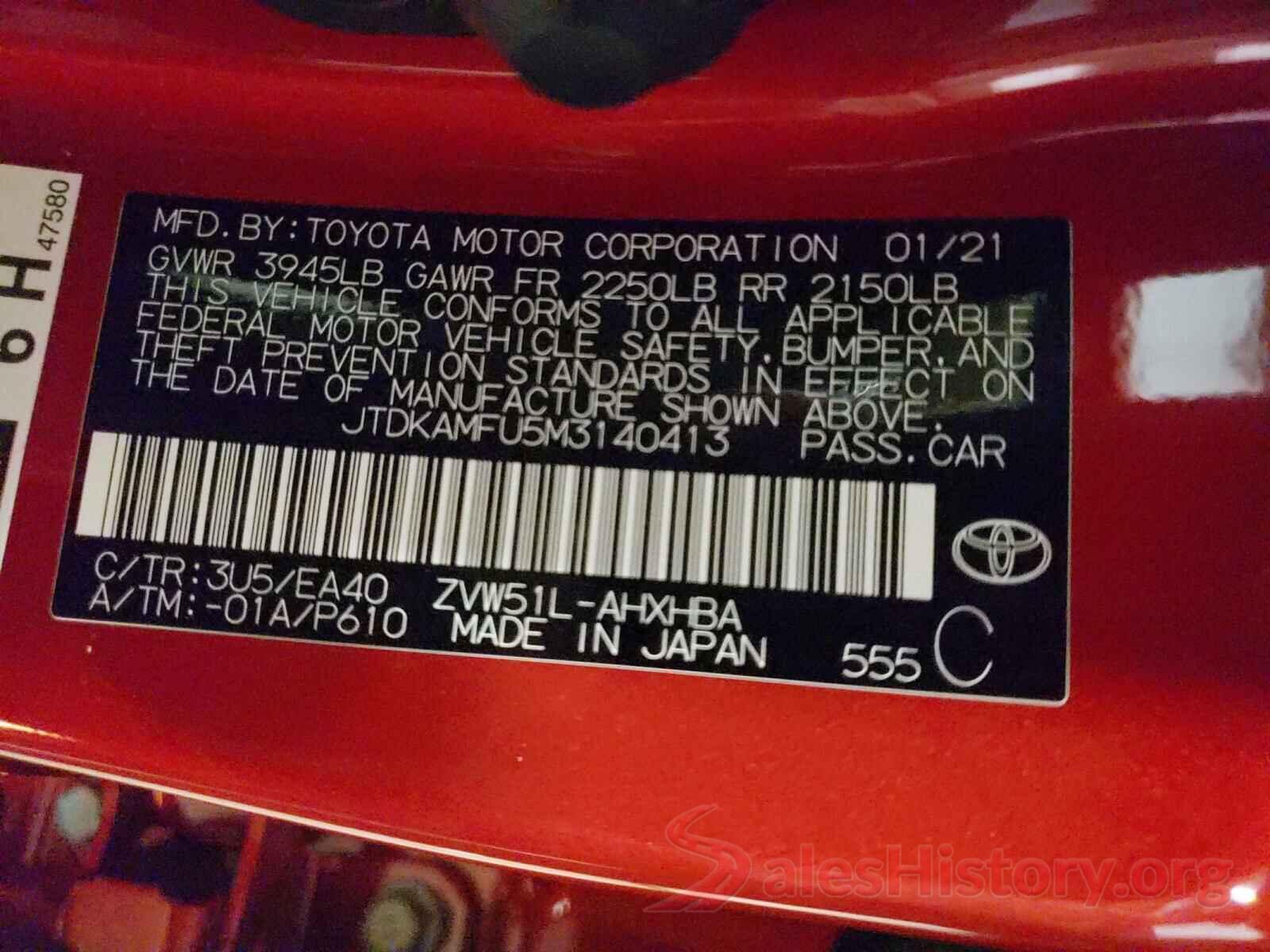 JTDKAMFU5M3140413 2021 TOYOTA PRIUS