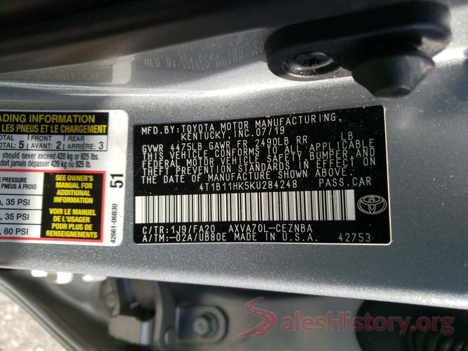 4T1B11HK5KU284248 2019 TOYOTA CAMRY